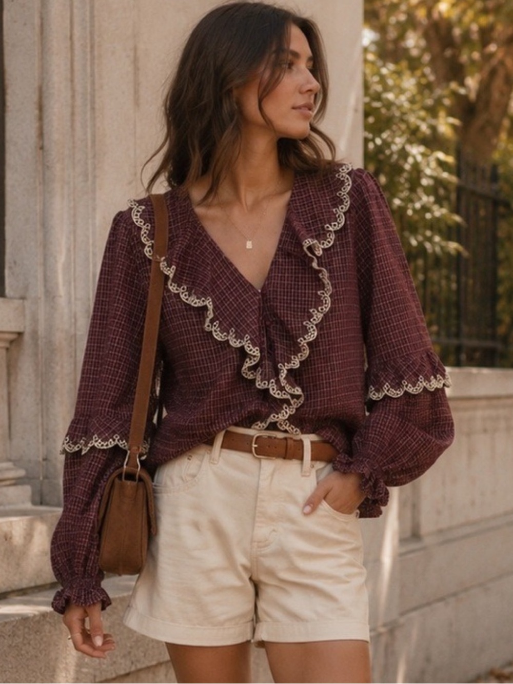 Caroline Constas Plaid Gingham Brown Burgundy Ruffle Lace Blouse Shirt XS